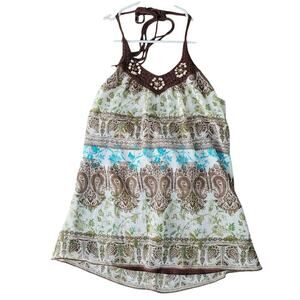 Vintage Speecklers Women's y2k Halter Top Size L Brown Paisley Babydoll Crochet